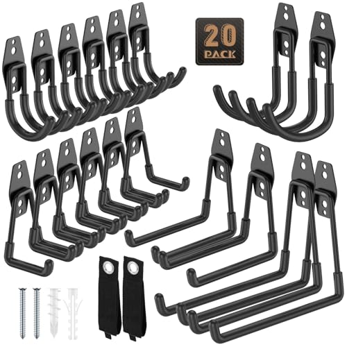 20 Pack Garage Hooks, Heavy Duty Steel Wall Mount Utility Hangers with Anti-Slip Coating for Hanging Bikes, Ladders, Power Tools, and Garden Equipment - color: 20 Pack Black