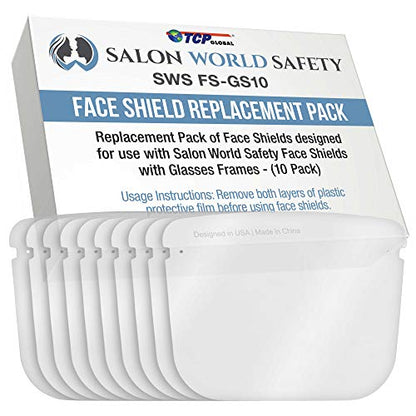 TCP Global Salon World Safety Replacement Face Shields Only (Pack of 10), Glasses Frames Not Included – Fits Most Brands, Ultra Clear, Full Face, Protect Eyes Nose Mouth, Anti-Fog PET Plastic, Goggles - color: Clear-r