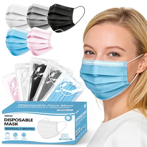 NNPCBT 5 Color Disposable Face Masks 50pcs, Individually Wrapped Masks for Adults, 3-Ply Breathable Disposable Mask For Outdoors, Home, Office, School - color: Adult-50 Pcs-ind Color