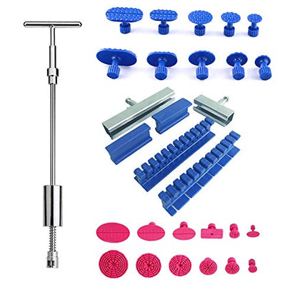 U/D Dent Repair Kit - 2 in 1 Dent Puller Paintless Dent Repair with T-bar Dent Removal Kit,22 Glue Puller,2 Stainless Steel Grooves,2 Short Puller Lines and 2 Long Puller Lines
