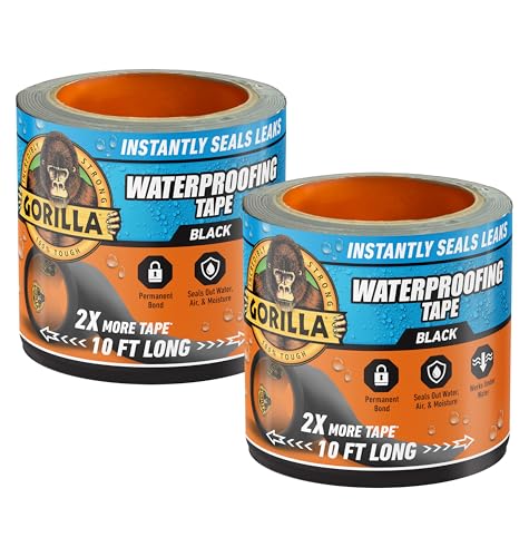 Gorilla Waterproofing Tape, Black, 4" x 10' (Pack of 2) - Permanent Weather Resistant Seal for Leaks and Repairs - size: 2 - Pack