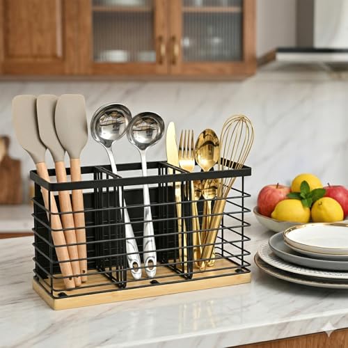 MSJGA Magnetic Utensil Holder for Fridge - 3 Compartment Wall Mounted & Countertop Metal Utensil Organizer with Bamboo Base, Kitchen Utensil Caddy for Spoons, Forks, Knives, Black