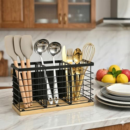 MSJGA Magnetic Utensil Holder for Fridge - 3 Compartment Wall Mounted & Countertop Metal Utensil Organizer with Bamboo Base, Kitchen Utensil Caddy for Spoons, Forks, Knives, Black