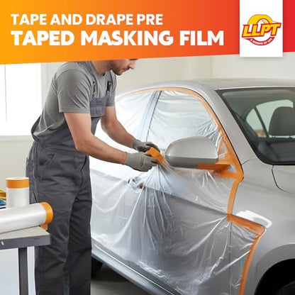 LLPT Tape and Drape 59.1”(Unfolded) x 66 Ft Each 2 Pack Pre-Taped Masking Film 0.27 Mil Painters Plastic Drop Cloth for Auto Wall Furniture Painting Protection (MFT1502) - size: 59.1 Inch X 66 Ft