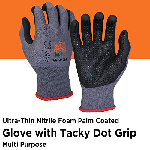 WOLF Ultra-Thin Nitrile Foam Palm Coated Glove with Tacky Dot Grip, Multi Purpose - size: Medium (Pack of 12), style: 15-gauge With Dots