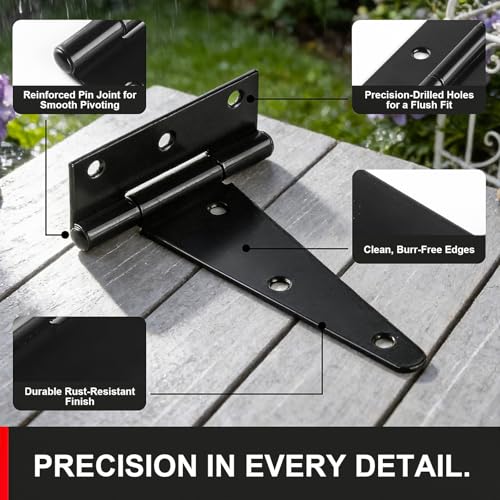 6 Inch Heavy Duty Door Hinges, 4 Pack Black T Strap Hinges, 2.4mm Thick Steel, 7.6 oz Each, Powder Coated, Screws Included, for Wood & Metal Doors, Shed Door Hinges & Gate Hinges, Outdoor - size: 6in-4pcs