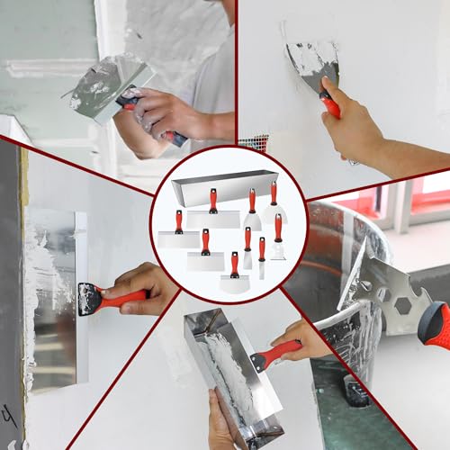 10Pcs Drywall Tool Kit, Stainless Steel Putty Knife Set with 1"-6" Knives, 8"-12" Taping Knives, 9-in-1 Painter Scraper, 12" Mud Pan & 6" Scoop for Drywall Taping, Finishing, and Patching