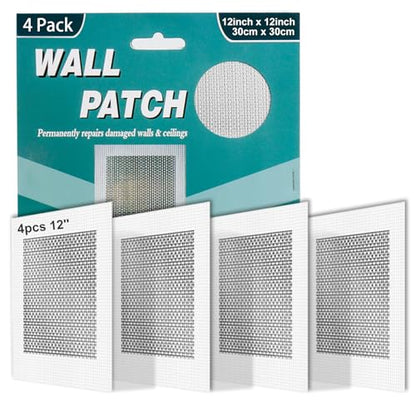 4Pcs 12 Inch Large Drywall Patch, Wall Repair Patches, Self-Adhesive Fiberglass Repair Kit Dry Wall Hole Repair Patch for Aluminum Metal Sheetrock Ceiling (12"x 12") - size: 12 Inch_4Pcs