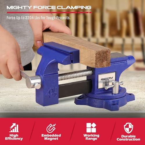 Heavy Duty Bench Vise 4.5 Inch: Table Clamp Woodworking Vice Press Drill Tools Workbench Wood Metal Pipe Work Shop Block Swivel Slide Cross Welding Machine Kit Milling Grip Precision Magnetic Jaw Pad - style: 4.5" Multi-Purpose + Magnetic Pads