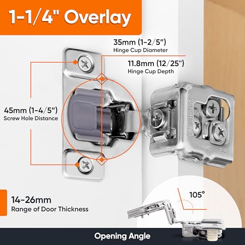 Decobasics 4 Pack Soft Close Cabinet Hinges 1-1/4" Overlay for Kitchen Cabinet Doors, Slow Self-Closing Concealed Hidden Hinges for Face Frame –Stainless Steel, 3-Way Adjustable & Quiet Close Damper - size: 1-1/4 Inch