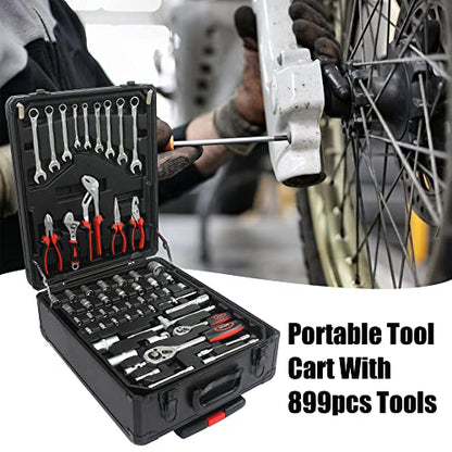 Home Tool Set Kit -899 PCS Home Auto Repair Tool Kit with Rolling Tool Box, Complete Hand Tool Set, Perfect for Homeowner, Diyer, Handyman - color: Black