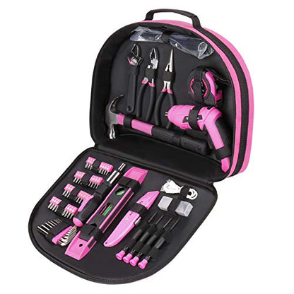 THINKWORK 122-Piece Pink Tool Set with 3.6V Rotatable Electric Screwdriver, Home Tool Kit for Women with Easy Carrying Round Pouch, Ladies Pink Tool Kit for Home Maintenance, DIY, Gifts - style: 122-Piece