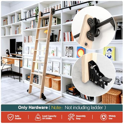 6.6FT Sliding Library Ladder Hardware Kit, Black Retractable Rolling with Braking Casters, Adjustable to Stand Upright, MAX Load 300lbs，No Ladder - size: 6.6FT ladder kit