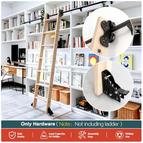 12FT Sliding Library Ladder Hardware Kit, Black Retractable Rolling with Braking Casters, Adjustable to Stand Upright, MAX Load 300lbs，No Ladder - size: 12FT ladder kit