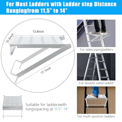 Ladder Work Platform, Foldable 400 lbs Capacity Tool Tray with Anti-Slip Surface, Silver Metal Tray for Painting, Wiring & Repairs on Multipurpose Ladders