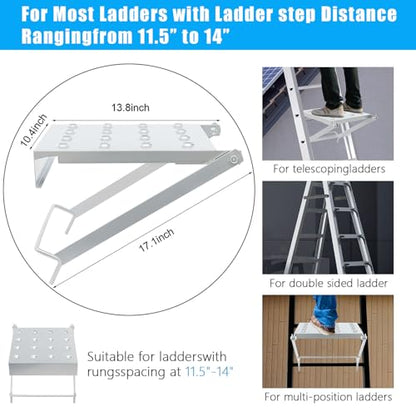 Ladder Work Platform, Foldable 400 lbs Capacity Tool Tray with Anti-Slip Surface, Silver Metal Tray for Painting, Wiring & Repairs on Multipurpose Ladders