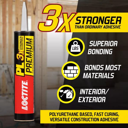 Loctite PL Premium Polyurethane Construction Adhesive, Versatile Construction Glue for Wood, Concrete, Stone, Metal & More- 28 fl oz, Cartridge, 12 Pack - size: 12 Pack, style: 28 fl oz