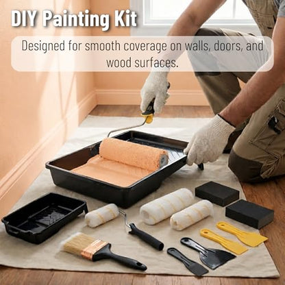 Bates- Paint Roller Kit, 15 pcs, 9" and 4" Roller Frames with Covers, 9" and 4" Plastic Paint Trays, Plastic Putty Knives, 4" Deck Stain Brush, Sanding Sponge, Wall Painting Supplies for Home Interior