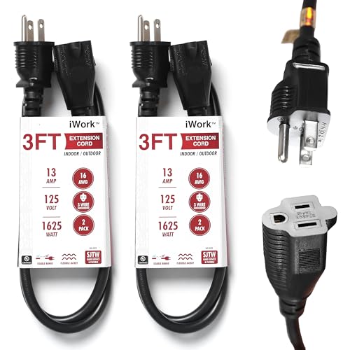 2-Pack 3ft Black Extension Cord, 16/3 SJTW Heavy-Duty Power Cable, UL Listed, Weather-Resistant Cable for Indoor & Outdoor Use, 13 Amp/1625 Watt Capacity – 3 Prong Single Outlet Extension Cord - size: 3-Foot (2-Pack)