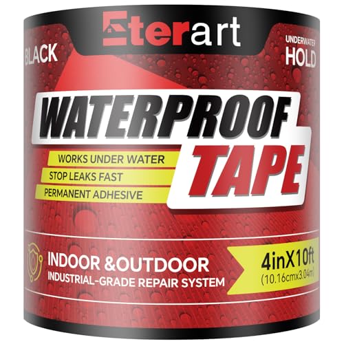 Waterproof Tape Black 4 Inch x 10 FT - Heavy Duty Rubberized Seal Repair for Active Leaks - Fix Roofs, Underwater Pool Liners & Pipes - All-Weather Emergency Patch Tool for Homeowners & Campers - color: Black