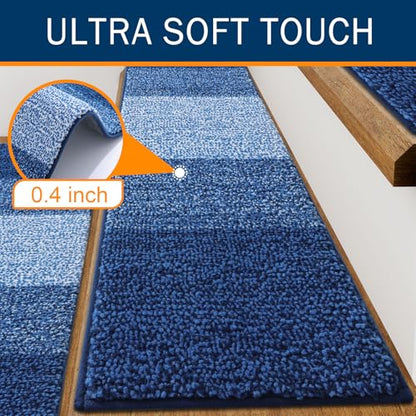 OLANLY Stair Treads Non Slip 15PCS, 8" x 30" Indoor Stair Runners for Wooden Steps, Edging Stair Rugs with Reusable Peel and Stick Adhesive for Kids Elders and Pets, Navy - color: Navy