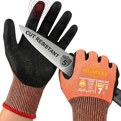 TitanFlex Cut Resistant Gloves ANSI A5, Work Gloves with Sandy Nitrile Grip,Orange - size: Large