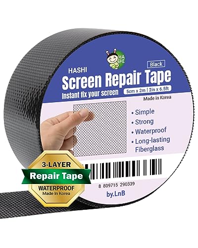 HA SHI Screen Repair Kit for Windows or Doors (2" x 6.5FT, Black) 3-Layer Strong Adhesive Tape, Made in Korea, Ease-Installation Fiberglass Covering Mesh - color: Black, size: 2 Inch x 6.5 FT