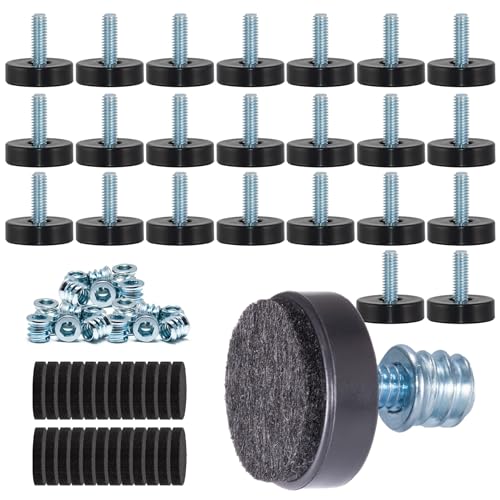 NEWBYTEK 24 Pack M6 Thread Adjustable Furniture Levelers with Self-Adhesive Felt Pads – 1" Leveling Feet & Floor Protectors for Chairs, Tables on Hardwood Floors
