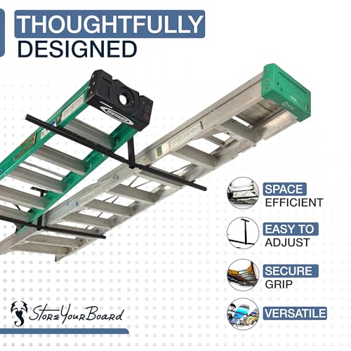 StoreYourBoard Adjustable Overhead Ladder Rack – Garage Organizer Ladder Shelf for Step & Extension Ladders - Storage Racks and Shelving for Garage Organization - Ceiling Mounted - Holds 150 lbs - size: Full