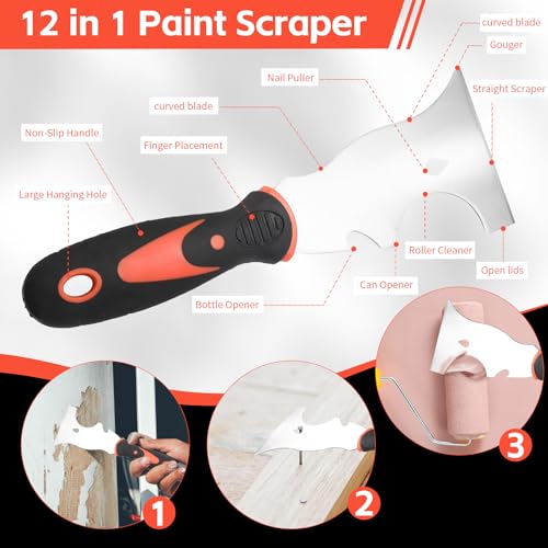 Drywall Knife Set, 10 Pcs Stainless Steel Drywall Hand Tool Kit Includes Putty knife, Taping knife, Painter Scraper Tool & Mud Pan for Joint Taping, Finishing, Patching on Wallpaper
