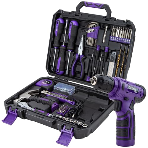 CARTMAN 150-Piece Household Tool Set, 8V Cordless Drill Driver Kit, Complete Hand Tool Kit for Home Maintenance, DIY Projects and Repairs, Purple - color: Purple