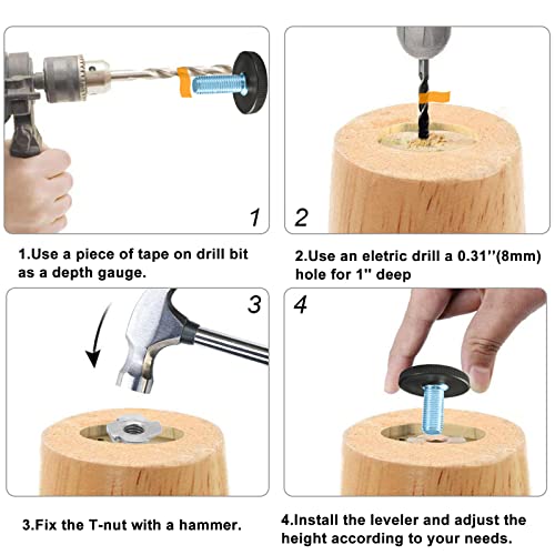 24 PCS M6 Thread Adjustable Furniture Levelers Screw in Threaded, Steel Screw Feet Leveling Legs Screw On w/T-Nuts Glide for Table, Chair, Furniture Leg (M6 Thread) - size: M6-24PCS-With Inserts