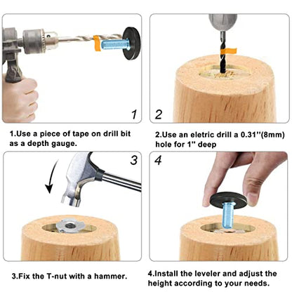 24 PCS M6 Thread Adjustable Furniture Levelers Screw in Threaded, Steel Screw Feet Leveling Legs Screw On w/T-Nuts Glide for Table, Chair, Furniture Leg (M6 Thread) - size: M6-24PCS-With Inserts