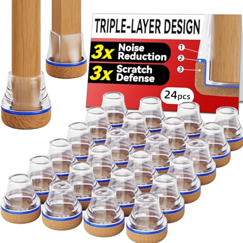 Chair Leg Floor Protectors for Hardwood Floors, Triple-Layer Design Silicone Chair Leg Caps, 3X Noise Reduction & 3X Anti-Scratch, Premium Durable Protectors for Dining Chairs (24pcs Fit 0.6"-0.75") - color: 24pcs Clear, size: Round-S (0.6-0.75inch)