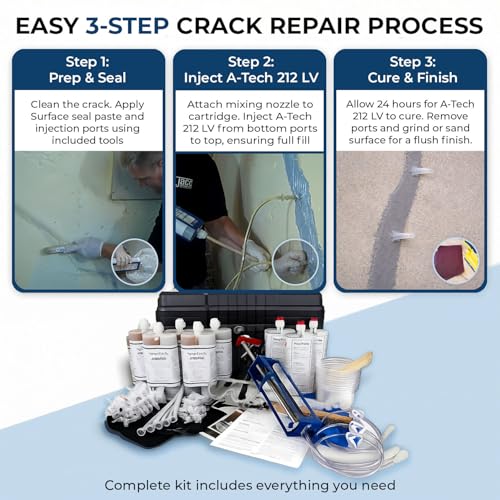 30ft Epoxy Foundation Wall Crack Repair Kit, A-Tech 212 LV Injection System, ASTM C-881 Structural Concrete Crack Repair, Basement Wall Leak Sealant & Foundation Concrete Filler, Tough Waterproof Seal