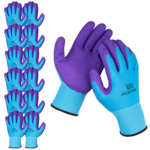 ACKTRA Premium Coated Nylon Safety WORK GLOVES 12 Pairs, Knit Wrist Cuff, for Gardening and General Purpose, for Men & Women, WG009 Blue Polyester, Purple Latex, Medium - color: Blue / Purple (Premium), size: Medium (Pack of 12)