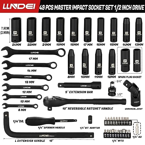 LLNDEI 1/2" Dr. Ratchet Impact Socket Wrench Set,Deep Sockets(8-24mm),Spark Plug Socket(16,21mm),49PCS, CR-V, Metric, With Combination Wrenches (8-17mm) - size: 49-piece 1/2" Drive Socket Set