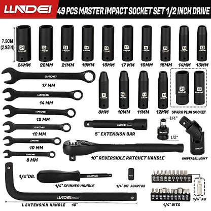 LLNDEI 1/2" Dr. Ratchet Impact Socket Wrench Set,Deep Sockets(8-24mm),Spark Plug Socket(16,21mm),49PCS, CR-V, Metric, With Combination Wrenches (8-17mm) - size: 49-piece 1/2" Drive Socket Set
