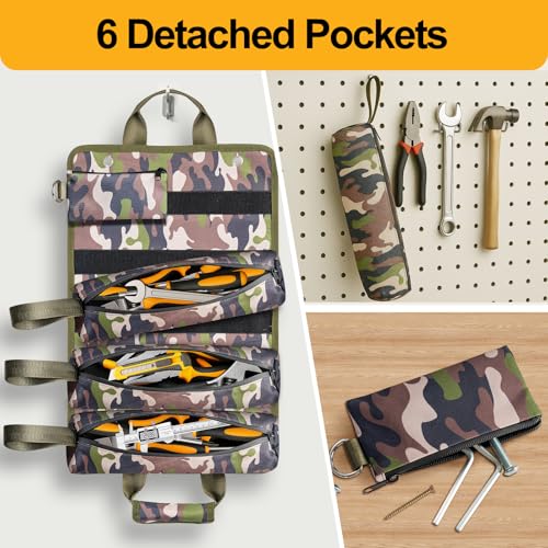 Tool Bag, Heavy Duty Tool Organizer, Portable Tool Pouch for Men, 6 Detachable Pouches, Foldable Carrying Tool Storage, Mechanic & Electrician Dad Birthday Gifts, Camo-Green - style: Detachable