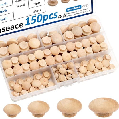 smseace 150Pcs 4-Sizes Button Wood Plugs 3/16" 5/16"，3/8"，1/2" Wooden Hole Plugs for Holes in Furniture/Table and Chair Legs/Cabinet Reserved Holes/Outdoor Equipment Wood Plugs Assortment Kit - style: Button Wood Plugs