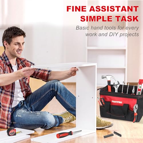 FASTPRO 220-Piece Home Tool Set, Household Repairing Tool Kit with 12-Inch Wide Mouth Open Storage Tool Bag, Red - color: Red