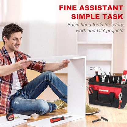 FASTPRO 220-Piece Home Tool Set, Household Repairing Tool Kit with 12-Inch Wide Mouth Open Storage Tool Bag, Red - color: Red