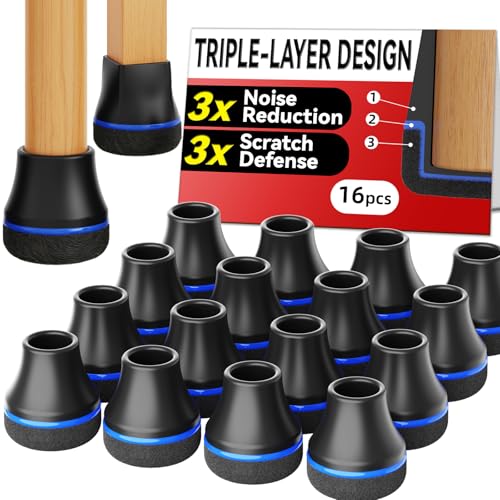 Chair Leg Floor Protectors for Hardwood Floors, Triple-Layer Design Silicone Chair Leg Caps, 3X Noise Reduction & 3X Anti-Scratch, Premium Durable Protectors for Dining Chairs (16pcs Fit 1.1"-1.5") - color: 16pcs Black&blue Ring, size: Round-l (1.1-1.5inc