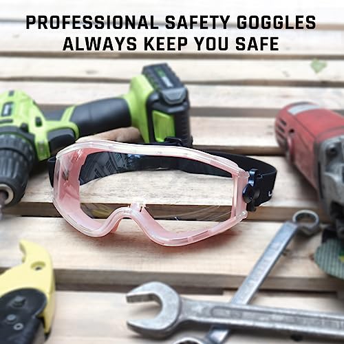 UKNOW Safety Goggles Over Glasses - Anti-Fog Clear Lens - ANSI Z87.1 Certified Eye Protection for Lab Work, Industrial Use - color: Pink