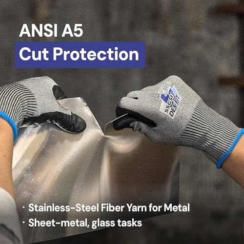 DEX FIT SSG513 Stainless Steel Cut Resistant Gloves, ANSI A5, Durable Non-Slip Nitrile Grip, Touchscreen, Comfort Stretchy Fit, Thin & Breathable, Machine Washable; Gray M (8), 1 Pair - color: A5 Gray Lite, size: Medium (1 Pair)