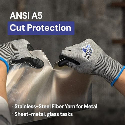 DEX FIT SSG513 Stainless Steel Cut Resistant Gloves, ANSI A5, Durable Non-Slip Nitrile Grip, Touchscreen, Comfort Stretchy Fit, Thin & Breathable, Machine Washable; Gray M (8), 1 Pair - color: A5 Gray Lite, size: Medium (1 Pair)