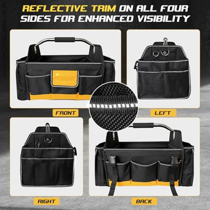 18 Inch Open Top Tool Bag, Tool Bags for Men with 30 Pockets, 1680D Waterproof Fabric, Foldable Electrician Tool Bag with Rotating Handle, Reflective Tool Organizer for Men, Yellow - color: Black-Yellow