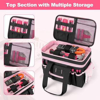 Tool Tote Bag for Women, Double Layer Tool Storage Organizer Bag with Divider for Electrician, Carpenters, Repairman, Black