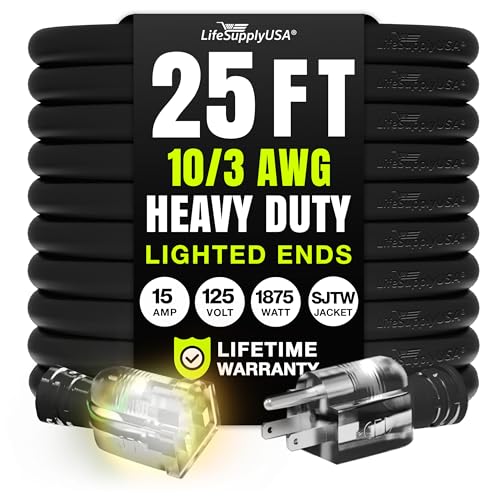 25ft Outdoor/Indoor Extension Cord 10/3 Gauge Ultra Heavy Duty 3 Prong SJTW, Waterproof, Flexible Cold-Resistant Long Power Cord,15A 125V 1875W, Black by LifeSupplyUSA - color: Black, size: 25 FT, style: 10AWG