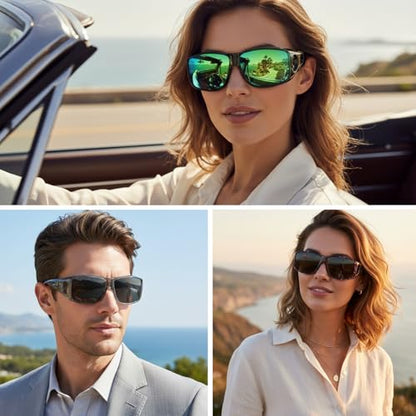 Myiaur Polarized Fit Over Glasses Sunglasses for Men Women, Trendy Wrap Around Sunglasses UV Protection for Driving (2 Pack) - color: A13(2 Pack) Black+tpgreen/Green Lens